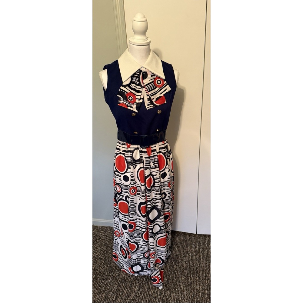 Vtg Mod Geometric Print Maxi Dress Red White & Blue 60s 70s Retro Hostess Op Art - Picture 14 of 16